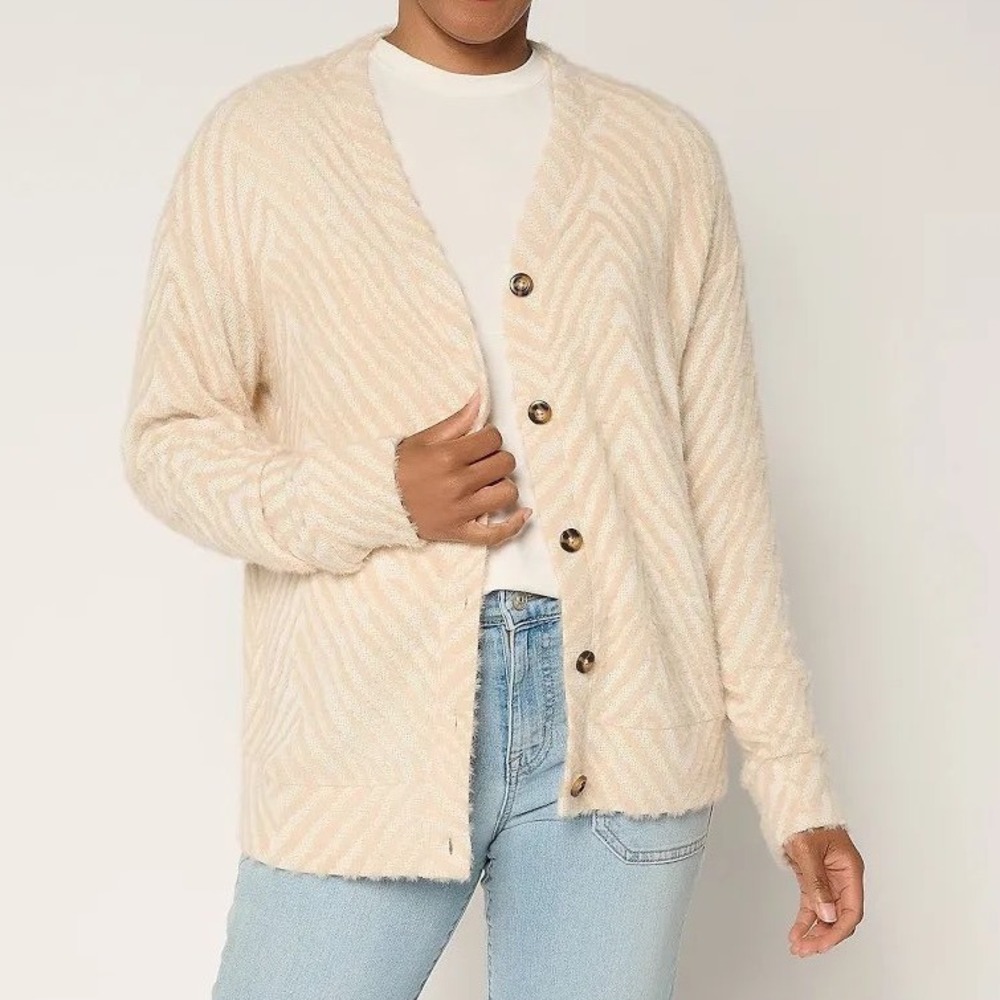 Me by Jennie‎ Garth QVC Cozy Cardigan Women's XL Hazelnut Fuzzy Zebra Striped